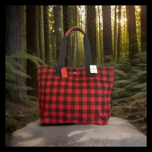 Coach Large Gingham Canvas Tote Buffalo Plaid in Ruby Red Black  39848